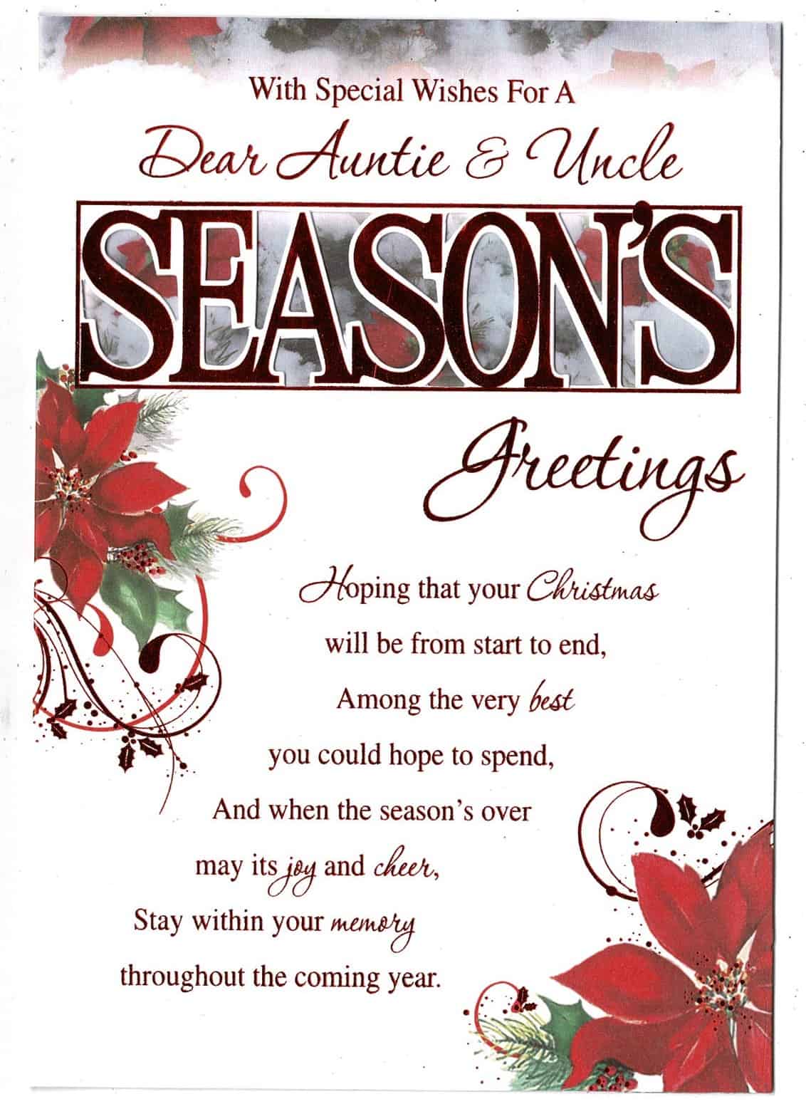 Auntie And Uncle Christmas Card With Sentiment Verse eBay