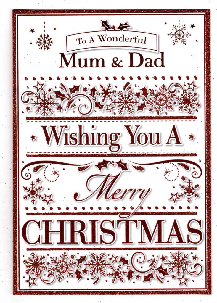 Mum And Dad Christmas Card 'To A Wonderful Mum And Dad Merry Christmas