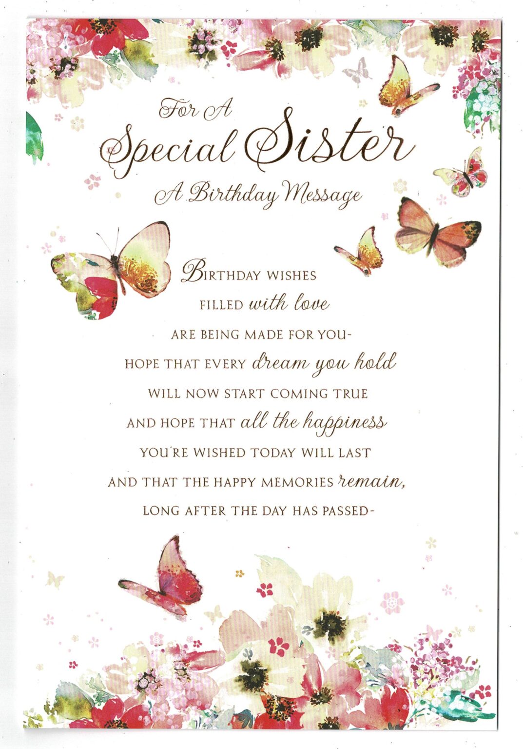 Sister Birthday Card 'For A Special Sister A Birthday Message' With ...