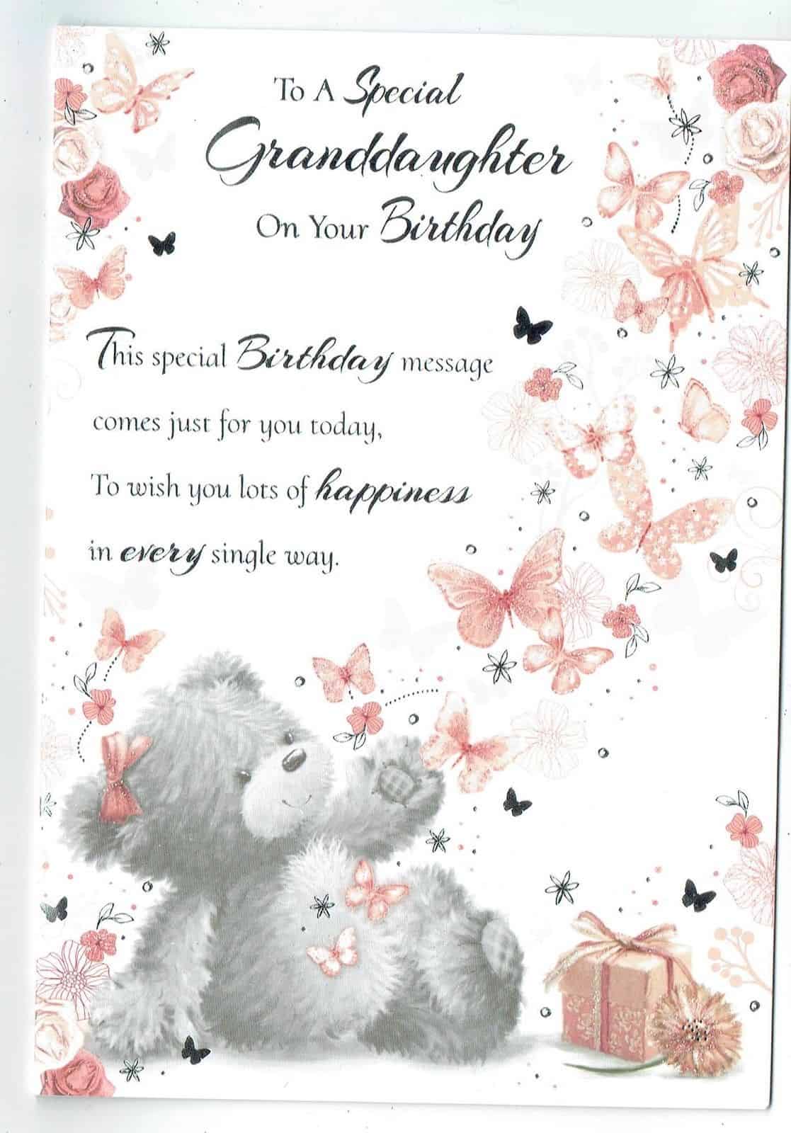 Granddaughter Birthday Card With Butterflies,Teddy Bear & Sentiment