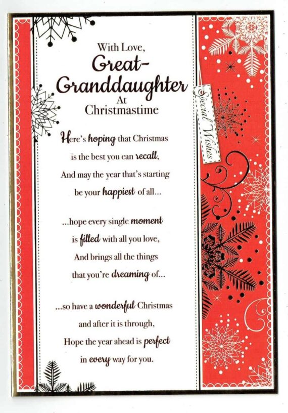 Great Granddaughter Christmas Card With Embossed Sentiment Verse With 